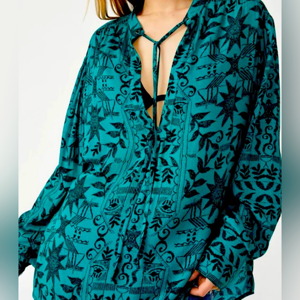 Free People Mia Tunic Top Poison Ivy Combo Blue Extra Small XS